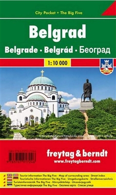 This is a detailed city pocket map of Belgrade. Includes tourist information and a street index. Languages: German, English, Italian, French. Comes folded.