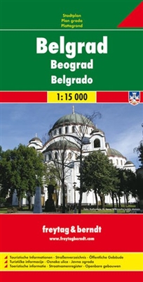 This is a detailed city map of Belgrade. Includes tourist information and a street index. Languages: German, English, Italian, French. Comes folded.