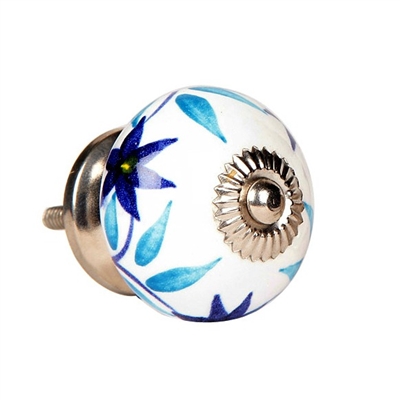 Ceramic Cabinet Knob with a Blue Floral Pattern