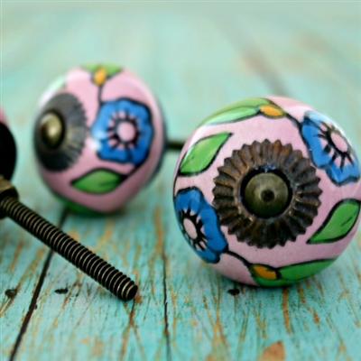 Ceramic Knob with Blue Flowers on Pink Background