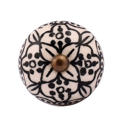 Ceramic Knob with Black & White Floral Design