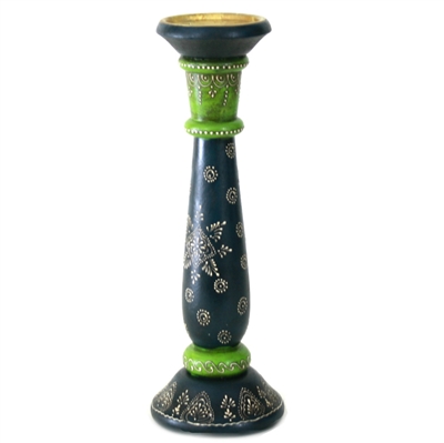 Green and Blue Wooden Pillar Candle Holder