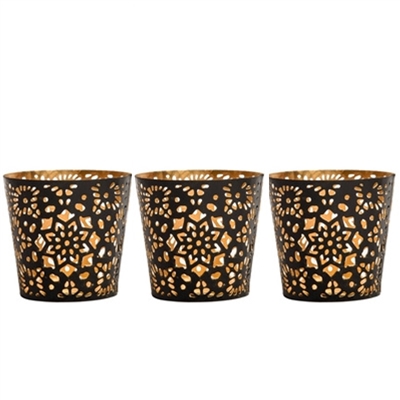 Set of Three Metal Tealight Candle Holders in Black & Gold Finish