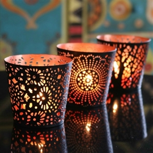 Set of Three Metal Tealight Candle Holders in Black & Copper Finish