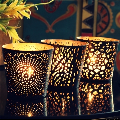 Set of Three Metal Tealight Candle Holders in Black & Gold Finish