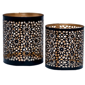 Set of Two Metal Votive Candle Holders in Gold & Black