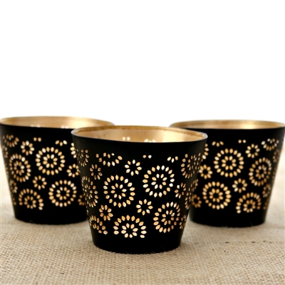 Set of Three Metal Votive Candle Holders in Black & Gold Finish