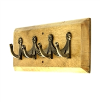 Wooden Hook Rack (Four Antique Brass Pegs)