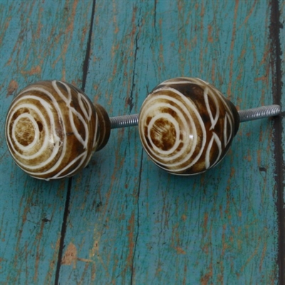 Bone Cabinet Knob with White Pattern on Brown Finish