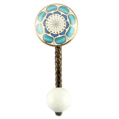 Turquoise Flower Ceramic Wall Hook in Antique Fitting