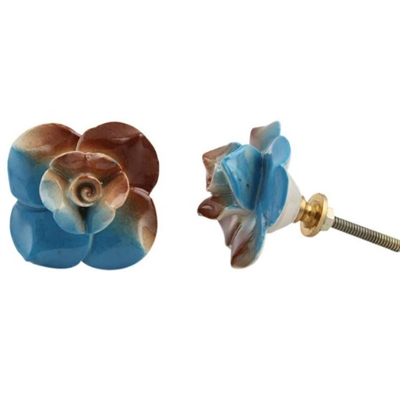 Blue Brown Ceramic Rose Knob