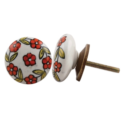 Flat Ceramic Knob with Orange Floral Pattern