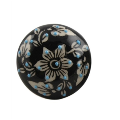 Embossed Flat Ceramic Knob with a White Floral Pattern