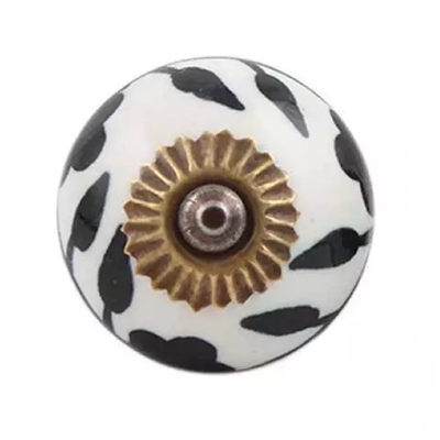 Ceramic Knob with a Black Floral Design