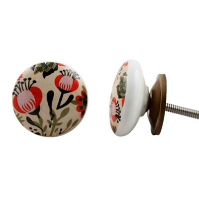 Flat Ceramic Knob with Floral Design