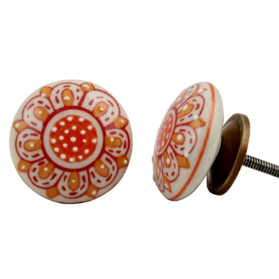 Embossed Flat Ceramic Knob with Orange Floral Design