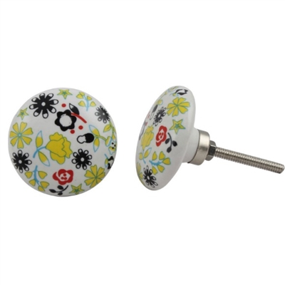 Flat Ceramic Knob with Yellow and Black Flowers