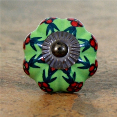 Green Melon Knob with Red Flowers