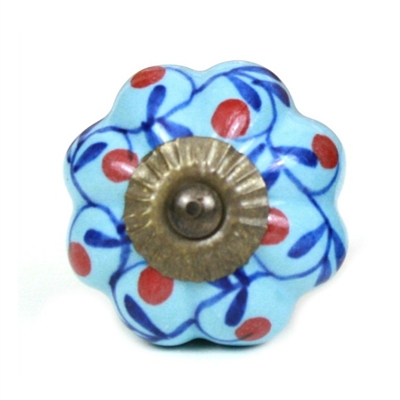 Blue Melon Knob with Red Floral Design