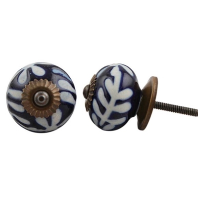Ceramic Knob with White Etched Floral Pattern