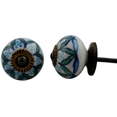 Ceramic Knob with Green and Blue Leaf Pattern