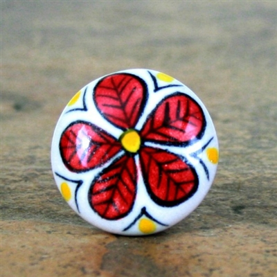 Flat Ceramic Knob with Big Red Flower