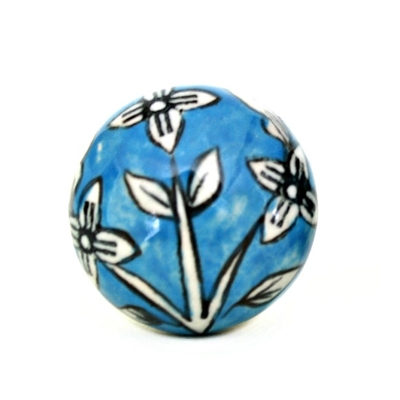 Ceramic Knob with Big White Flower on Blue