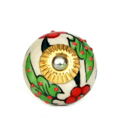 Ceramic Knob with Red and Green Floral Design