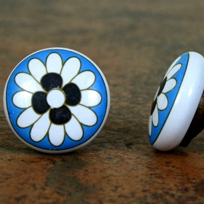 Flat Ceramic Knob with White Flower