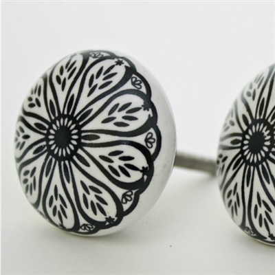 Flat Ceramic Knob with Intricate Black Floral Pattern