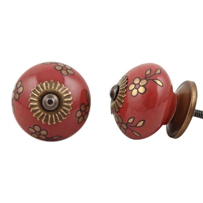 Dark Red Ceramic Knob with Golden Flowers