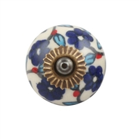 White Ceramic Knob with Blue Flowers