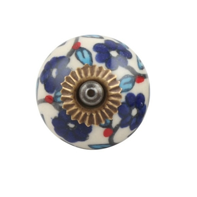 White Ceramic Knob with Blue Flowers