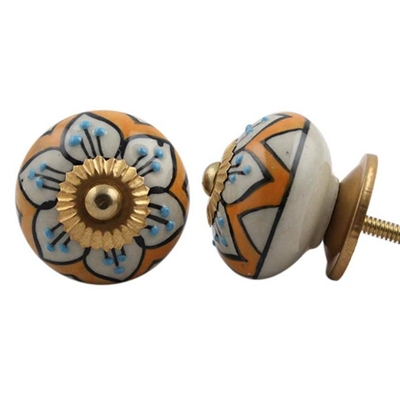 Embossed Ceramic Knob with Yellow & Blue Floral Pattern