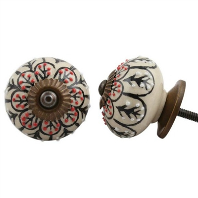 Embossed Ceramic Knob with Black & Red Floral Pattern