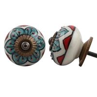 Embossed Ceramic Knob with Green & Red Floral Pattern