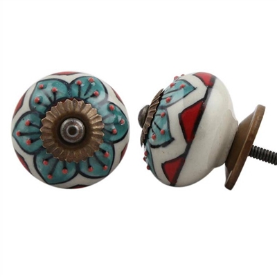 Embossed Ceramic Knob with Green & Red Floral Pattern
