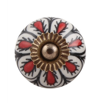 Red & Black Floral Ceramic Cabinet Knob