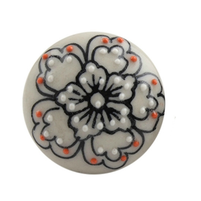 Flat Ceramic Cabinet Knob with Black Floral Pattern