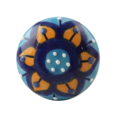 Blue and Mustard Embossed Ceramic Cabinet Knob