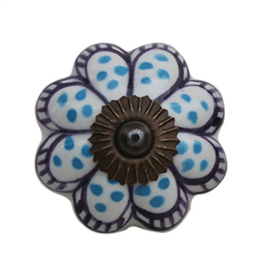 Turquoise Dotted  Floral Ceramic Cabinet Knob