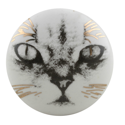 Cat Face Golden Ceramic Cabinet Knob