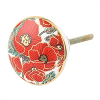 Red Gold Poppy Flower Ceramic Cabinet Knob