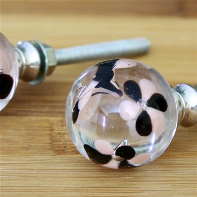 Round Glass Knob with Peach and Black Flowers