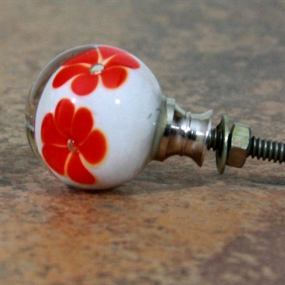 White Round Glass Knob with Red Flowers