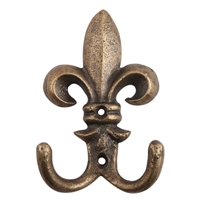 Set of Two Fleur De Lis Iron Hooks in Antique Brass Finish