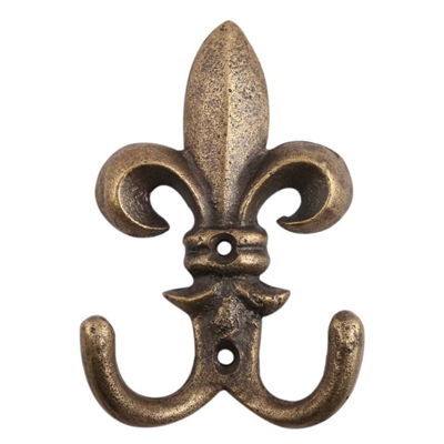 Set of Two Fleur De Lis Iron Hooks in Antique Brass Finish