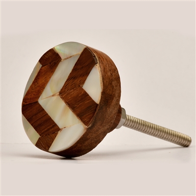 Flat Mother of Pearl Cabinet Knob in Brown & White Chevron Pattern