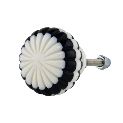 Round Black & Creamy White Ribbed Resin Cabinet Knob