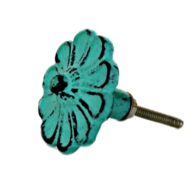 Big Floral Metal Cabinet Knob in Distressed Green